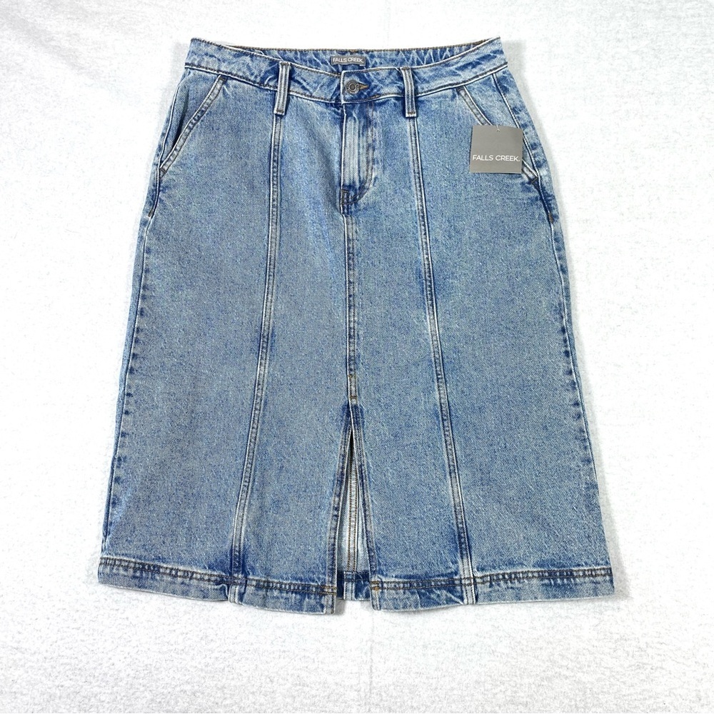 Falls Creek Jean Denim Midi Skirt Women's 10 Blue Front Slit Pockets Casual NWT